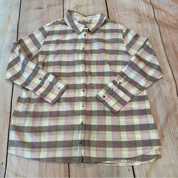 Soft Surroundings Carreaux Shirt Womens Sz 1X Multi Plaid Cotton Top Back Tie - Picture 2 of 7